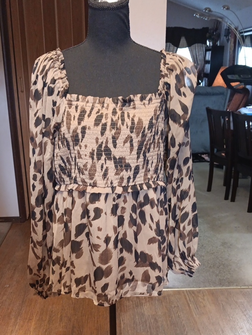 Wonderly Beige and Black Smocked Square-Neck Leopard Print Blouse